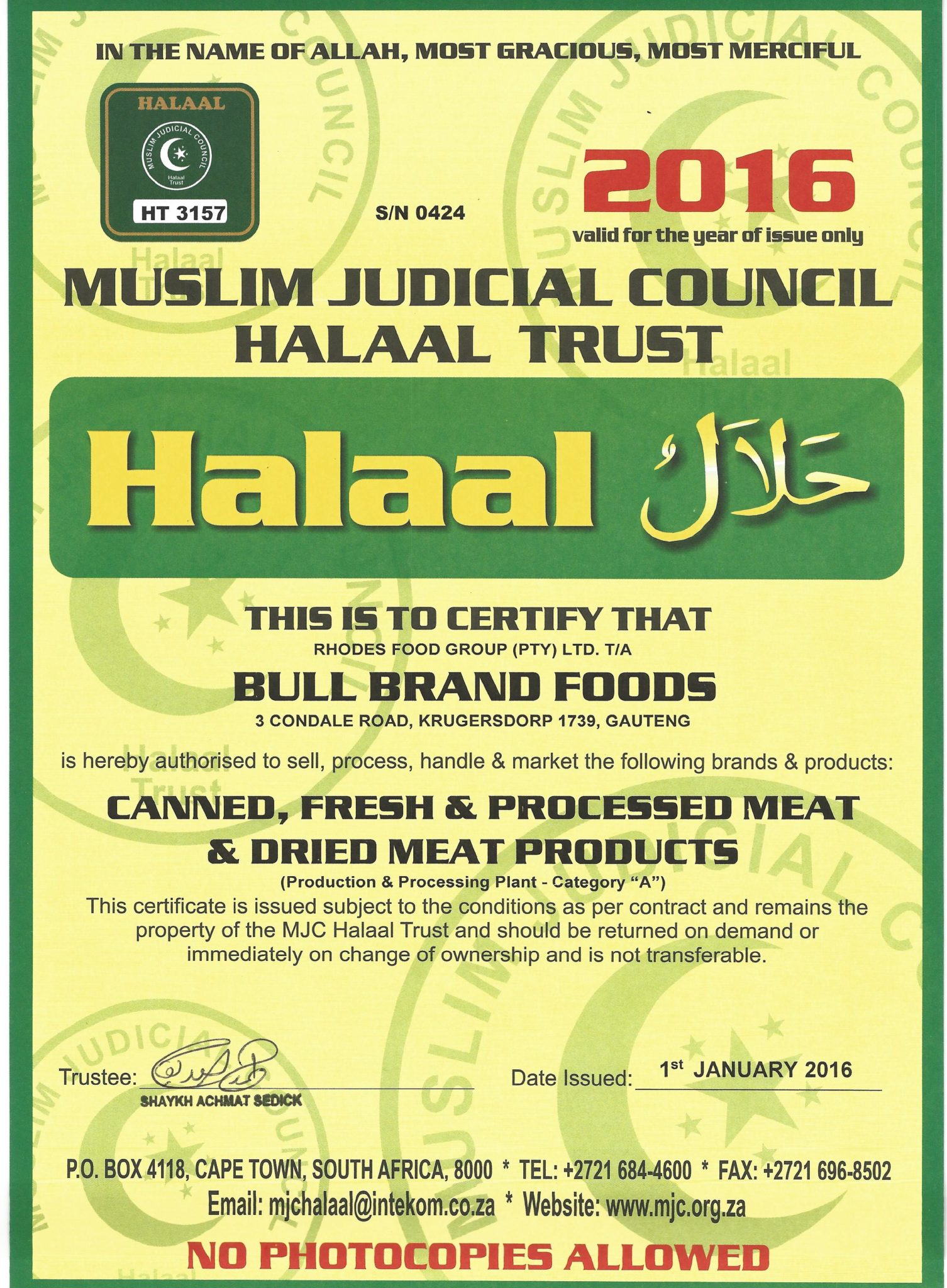 Meat Products Halaal 2016 RFG Foods